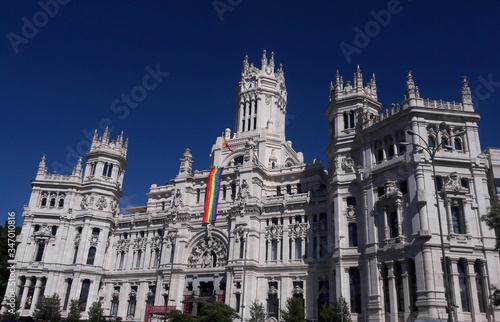 Cybele Palace Madrid Spain city hall with rainbow flag for gay pride parade 2017