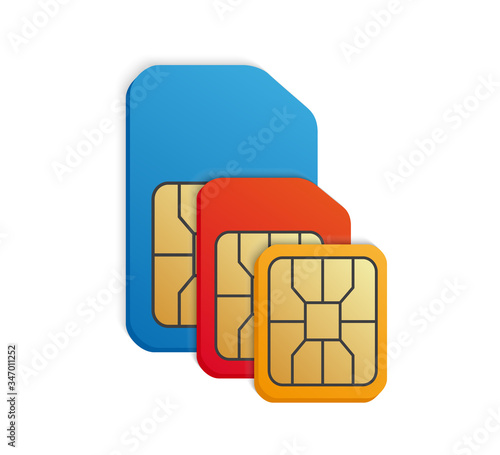 Realistic colored SIM card set. Standard, Micro, Nano -different phone card types. photo