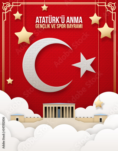 19 may Turkish national illustration banner mayis Ataturk'u Anma, Genclik ve Spor Bayrami, tr: 19 may Commemoration Ataturk, Youth and Sports Day, Turkish holiday card 3d flat paper cut with shadow