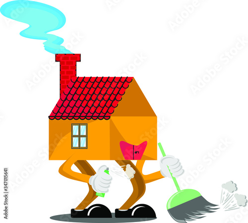 Illustration of character design in the shape of a house sweeping the floor for campaign stay at home program.