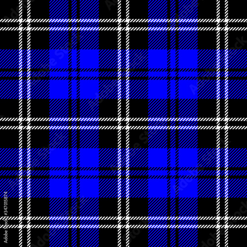 Tartan plaid. Scottish pattern in black, blue and white cage. Scottish cage. Traditional Scottish checkered background. Seamless fabric texture. Vector illustration