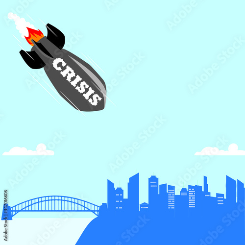 Financial crisis vector concept:  a crisis rocket crashing down into the city represents recession is coming