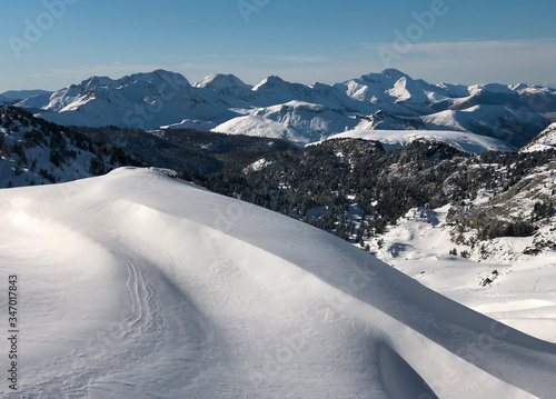 Arlas peak in the Larra Belagua valley, the highest and widest part of the Roncal valley, the Navarrese pyrenees, Navarra. Winter and snow at 
nordic ski station Larra-Belagua, near France border. photo