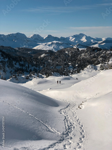 Arlas peak in the Larra Belagua valley, the highest and widest part of the Roncal valley, the Navarrese pyrenees, Navarra. Winter and snow at nordic ski station Larra-Belagua, near France border.