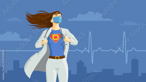 Detailed flat vector illustration of a doctor revealing her superhero emblem underneath her coat. National Doctors' Day. Feel free to use only parts of the illustration too.