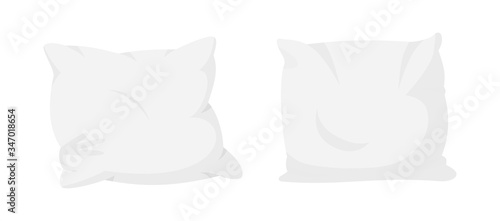 White pillow flat cartoon set. Home interior textile. Pillows for sofa, sleep mockup template. Two isolated objects classic feather, bamboo eco fabric cushion kit. Isolated vector illustration