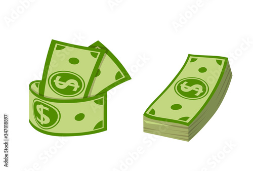 Neat small mountain of paper banknots flat cartoon set. Stacked in bundles money. Green dollar in bundles, currency sign pack. Pocket cash dollars, green paper bills. Isolated vector illustration