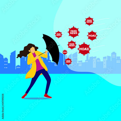 Fake news vector concept: Businesswoman wearing raincoat opening an umbrella to protect herself from hoax and fake news
