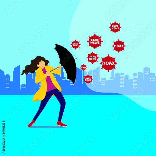 Fake news vector concept: Businesswoman wearing raincoat  opening an umbrella to protect herself from hoax and fake news