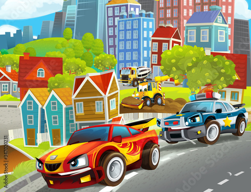Cartoon funny looking scene with cars vehicles moving in the city - illustration © honeyflavour