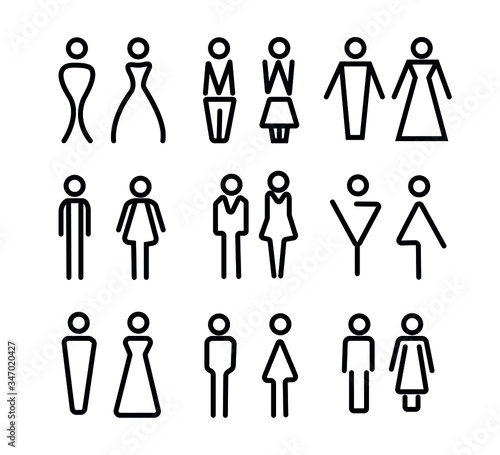 Vector set of WC icons isolated on a white background. Washroom icon. Restroom sign. Gender icon. Male and female sign collection. Gender symbols. Man and woman icon