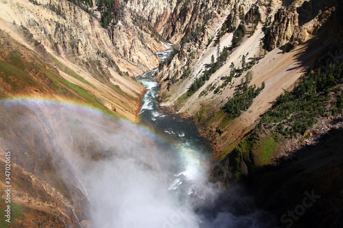 Close up of a rainbow over the Grand Canyon of Yellowstone