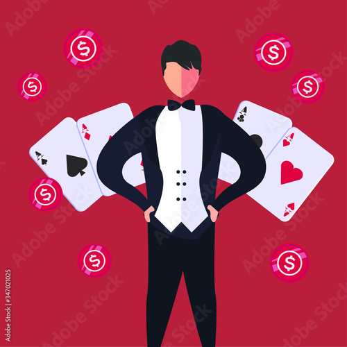 House dealer vector portrait concept with male figure wearing tuxedo while posing confidently in red background surrounded by ace cards & dollar chips