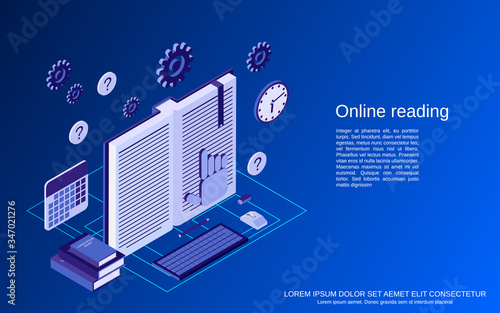 Online reading, education, tutorial, user guide flat isometric vector concept illustration