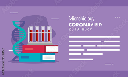 microbiology and dna structure with tubes test in books vector illustration design