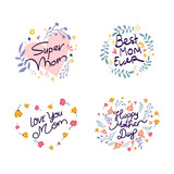 Hand drawn mother's day lettering with floral elements badges