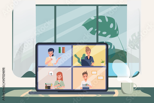 Employees are working from home to avoid spreading the coronavirus covid-19. Workplace, laptop screen, group of people talking by internet and online meeting friends.