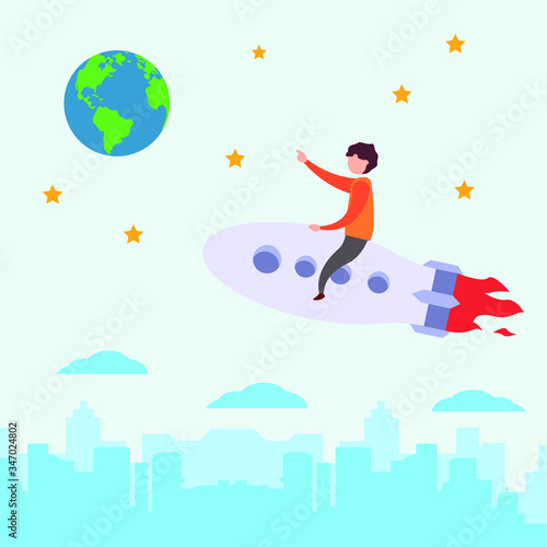 Children education vector concept: A boy riding a rocket over the city surrounded by clouds and stars