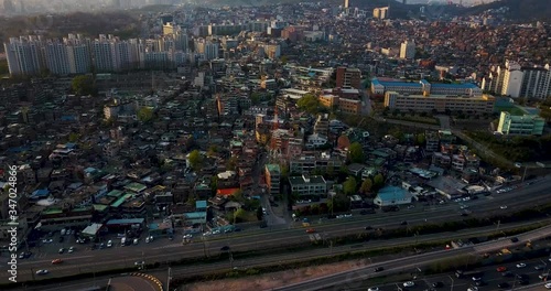Drone footage of Itaewon, Seoul, South Korea, Near Namsan Tower at Sunset