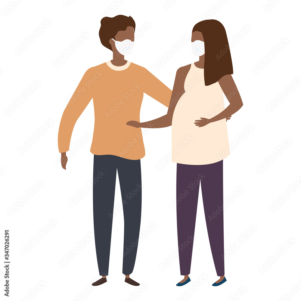 couple pregnancy afro using face mask vector illustration design couple pregnancy afro using face mask vector illustration design