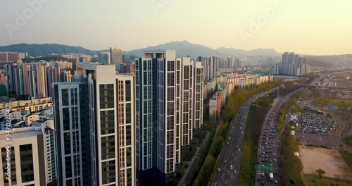 Drone Footage of River and Seoul City, South Korea at Sunset