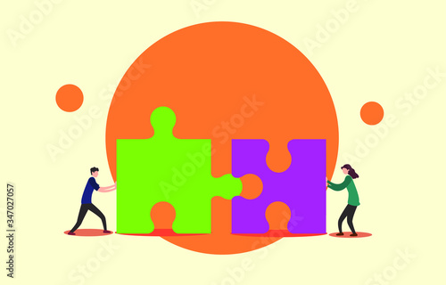 Couple teamwork vector concept: Male and female working together solving a puzzle
