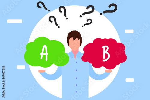 Confused male or female character  with spreads hands sideways having a hard time to choose between A and B options 