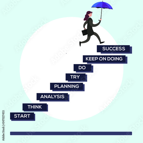 Business success vector concept: Businesswoman with an umbrella climbing the staircase to success. Things you must do to success 