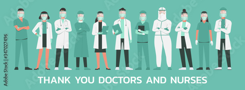 thank you, doctors and nurses concept. medical staff wearing a protective suit, goggle, face shield, surgical face mask and n95 respirator standing together to fight COVID-19, vector flat illustration