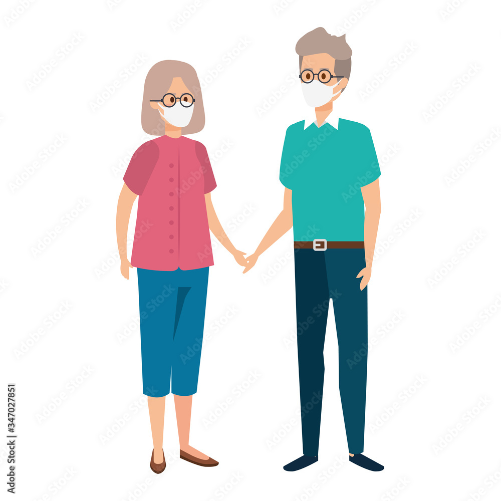 grandparents couple using face mask vector illustration design