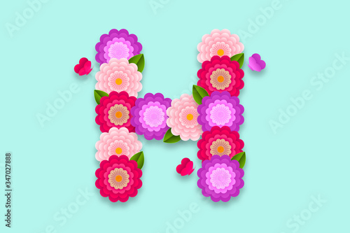 Letter H Abstract flower alphabet on isolated background. Decorative Floral Letter illustration