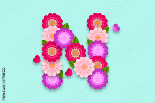Letter N Abstract flower alphabet on isolated background. Decorative Floral Letter illustration