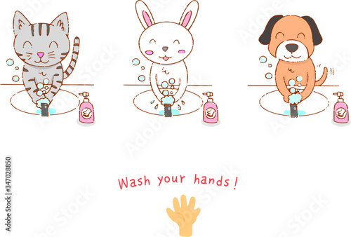手を洗いましょう（動物キャラクター）　Wash your hands and put on a mask!