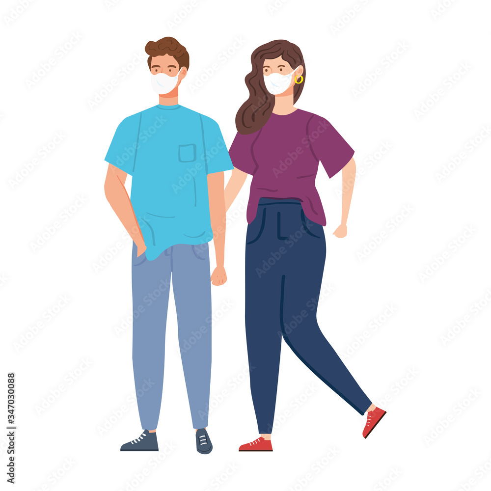 young couple using face mask isolated icon vector illustration design