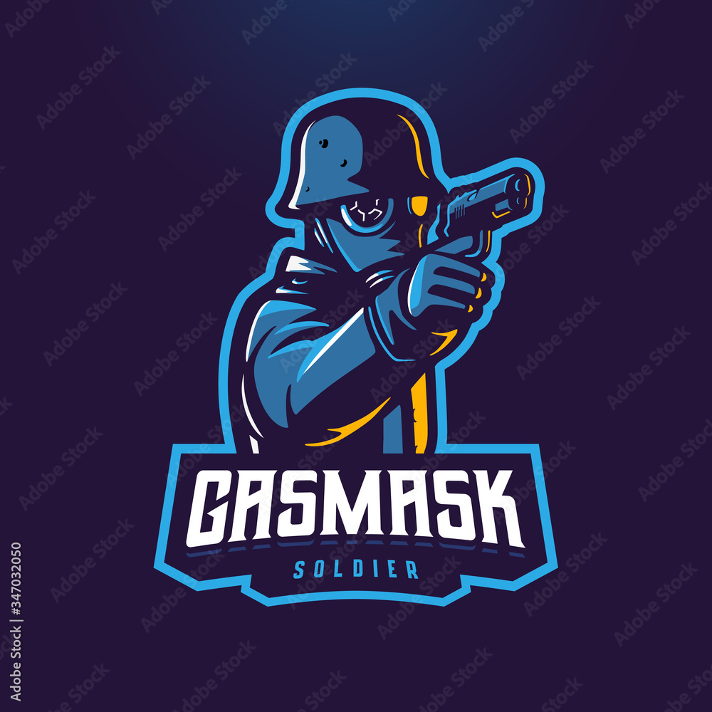 Soldier holding gun with gas mask esport mascot logo template