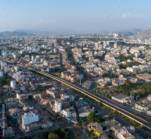 Aerial drone view of  Aviacion avenue in  Lima city at lockdown of coronavirus pandemic in 2020, in Peru. © christian vinces