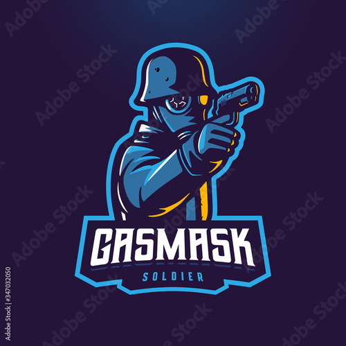Soldier holding gun with gas mask esport mascot logo template