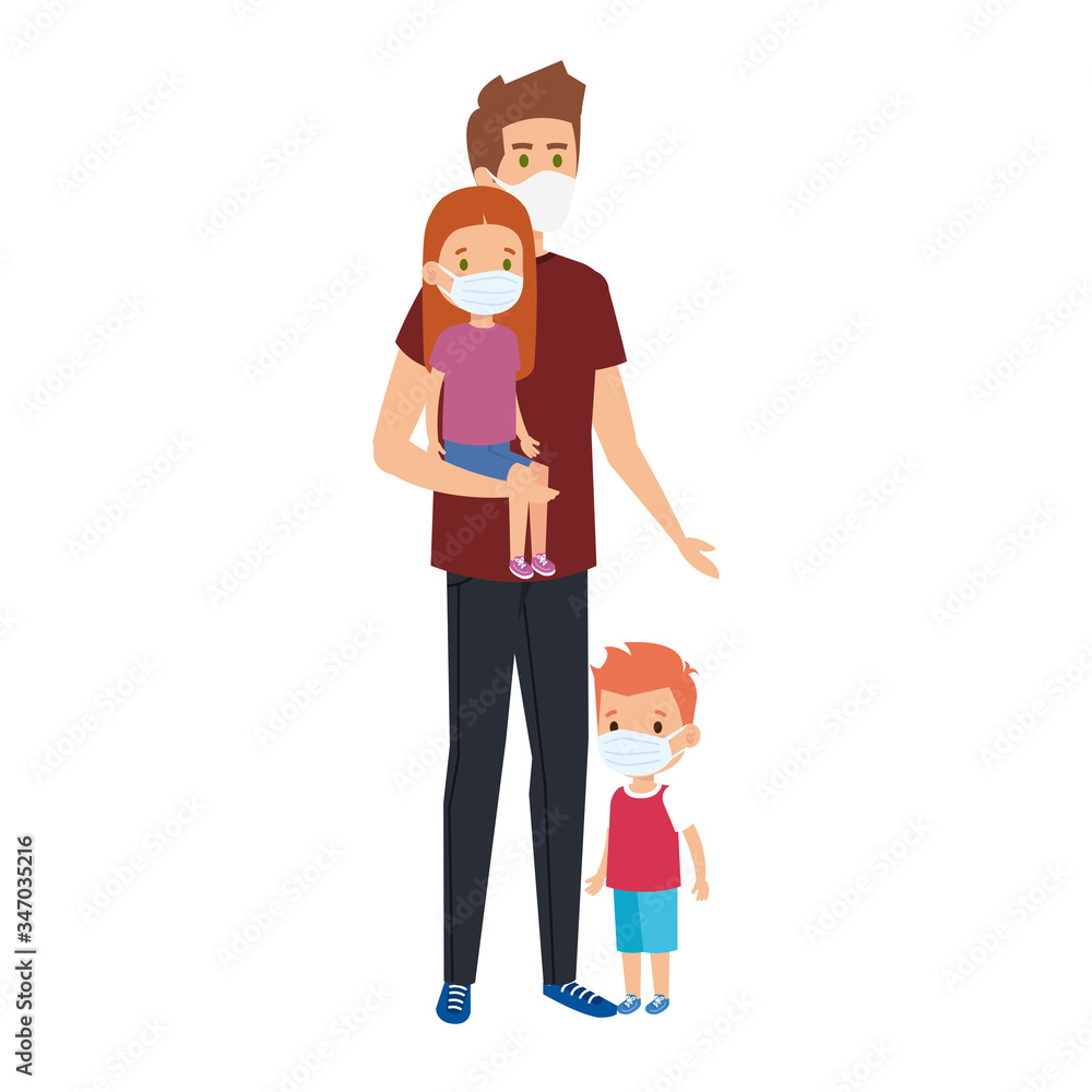 father with children using face mask vector illustration design