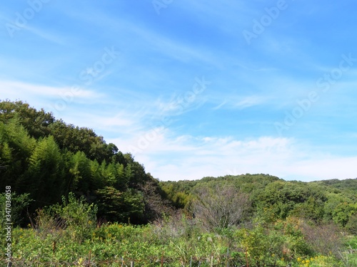 日本の田舎の風景 10月 山と青空