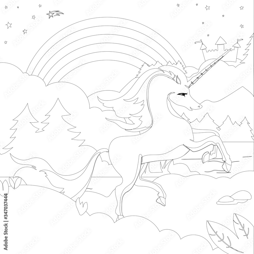 Unicorn .Colored book. Horse head sleep. . Black and white sticker, icon isolated. Cute magic cartoon fantasy animal. Dream symbol. Design for children, baby room interior, scandinavian
