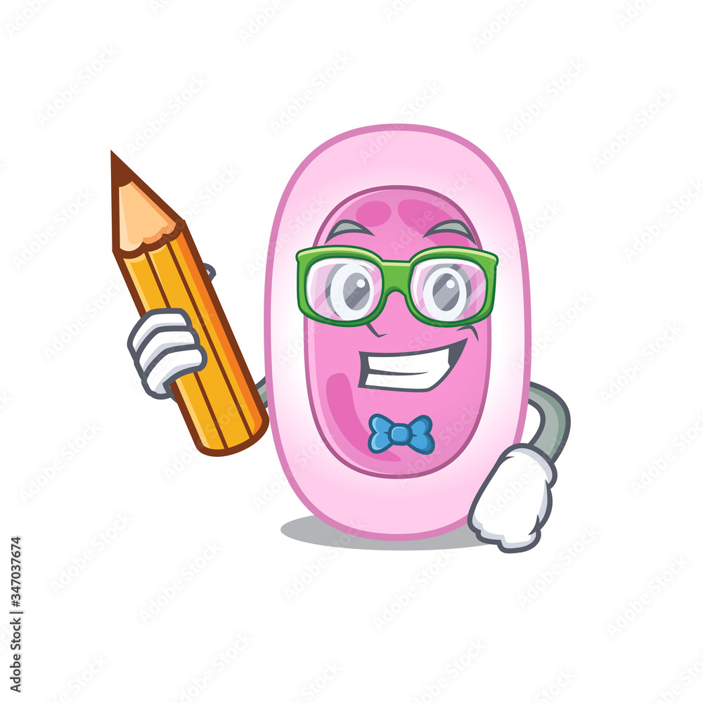 A brainy student bordetela pertussis cartoon character with pencil and glasses