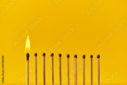 chain reaction of Gorenje matches on a yellow background photo