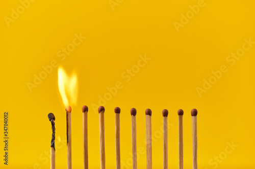 chain reaction of Gorenje matches on a yellow background photo