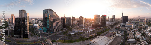 Aerial drone view of the buildings of the business town of San Isidro district in Lima city at lockdown on coronavirus pandemic in 2020, in Peru. photo