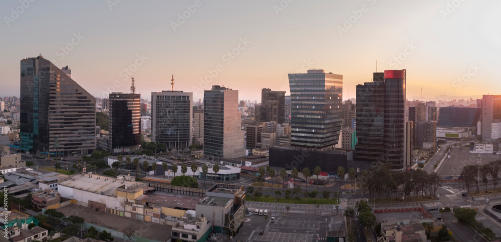Aerial drone view of the buildings of the business town of San Isidro district in Lima city at lockdown on coronavirus pandemic in 2020, in Peru.