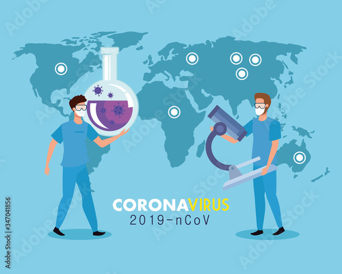 paramedics with particles covid 19 and medical icons vector illustration design