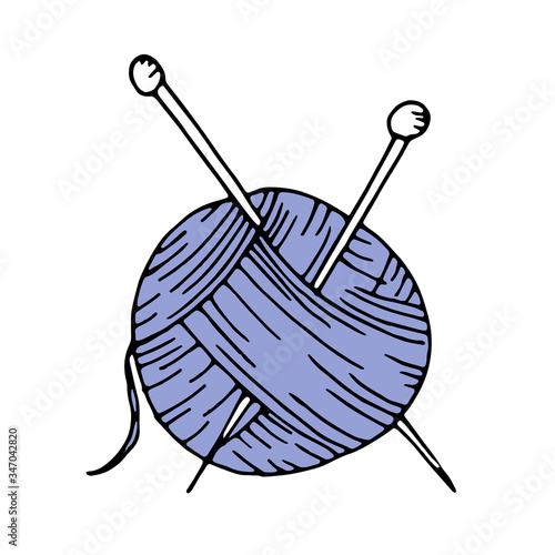 color vector isolated doodle element, ball of thread and knitting needles