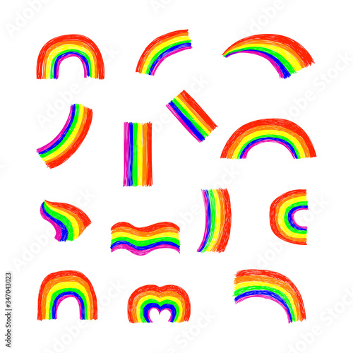 Set of drawing rainbows shape. Collection of cartoon hand drawn rainbow icons. Design different style on white background. Vector illustration.