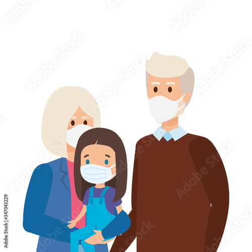 grandparents with granddaughter using face mask vector illustration design