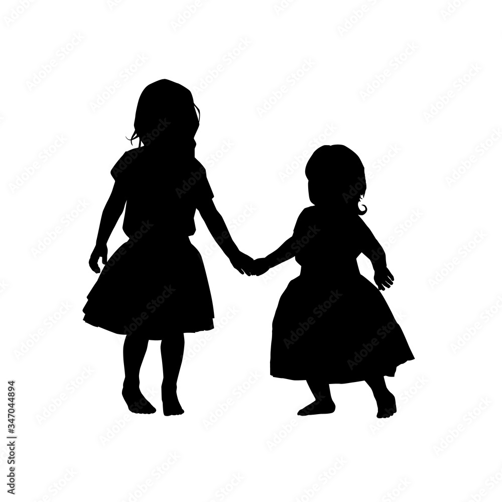 black two little girl silhouettes on white background. holiday clipart. International children's day greeting card. Vector illustration babys, daughters, girls in a fluffy skirts.